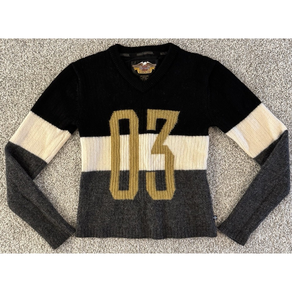 Harley Davidson 100th Anniversary Wool Sweater Womens XS Pullover V-Neck Striped
